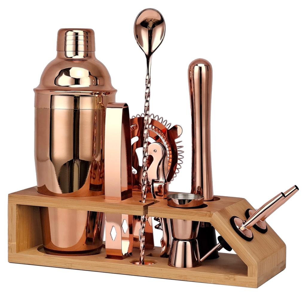 Rose Gold Stainless Steel Trapezoidal Bamboo Frame Mixer Set Bar Mixer Tool 10-Piece Cocktail Mixer Cup