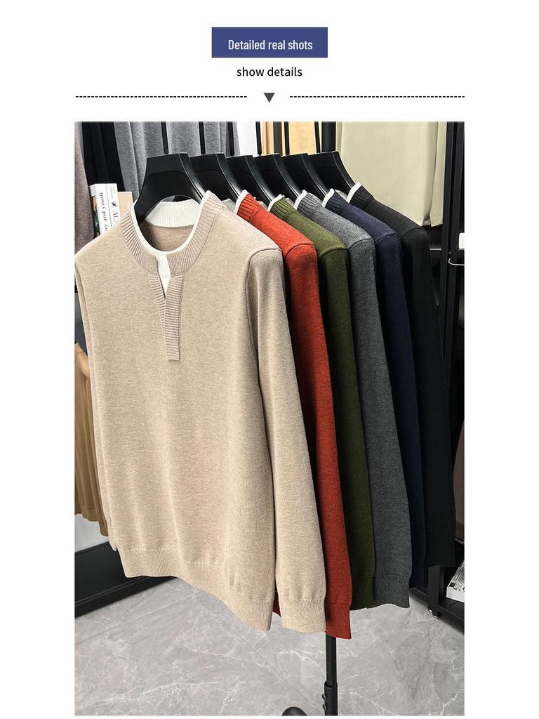 Men's V-Neck Faux Two-Piece Knit Sweater: Casual Long Sleeve Base Layer for Autumn & Winter