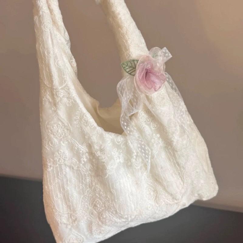 Korean Small Fresh Lace Flower Canvas Bag Women's New Large-capacity Shoulder Support Bag Commuter Armpit Bag