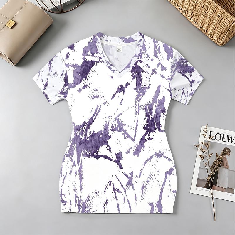 Short Tie-Dye Bodycon Dress V-Neck Short Sleeve,Soft Slim Fit for Street Style,Beach Vacation,Daily Casual Night Out,Versatile Fashion