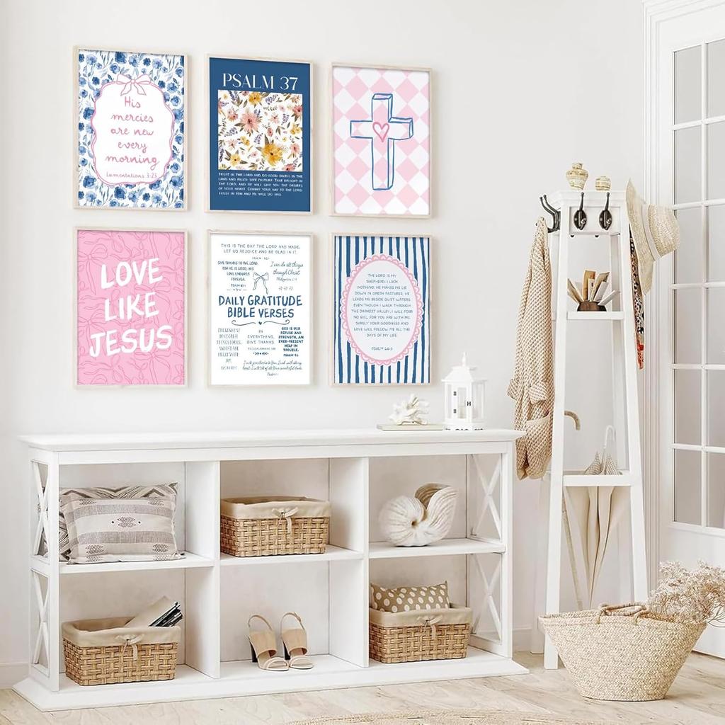 6Pcs Pink Blue Christian Wall Art Bow Bible Verse Floral Canvas Wall Decor Religious Pictures Jesus Scripture Poster Prints Trendy Preppy Painting
