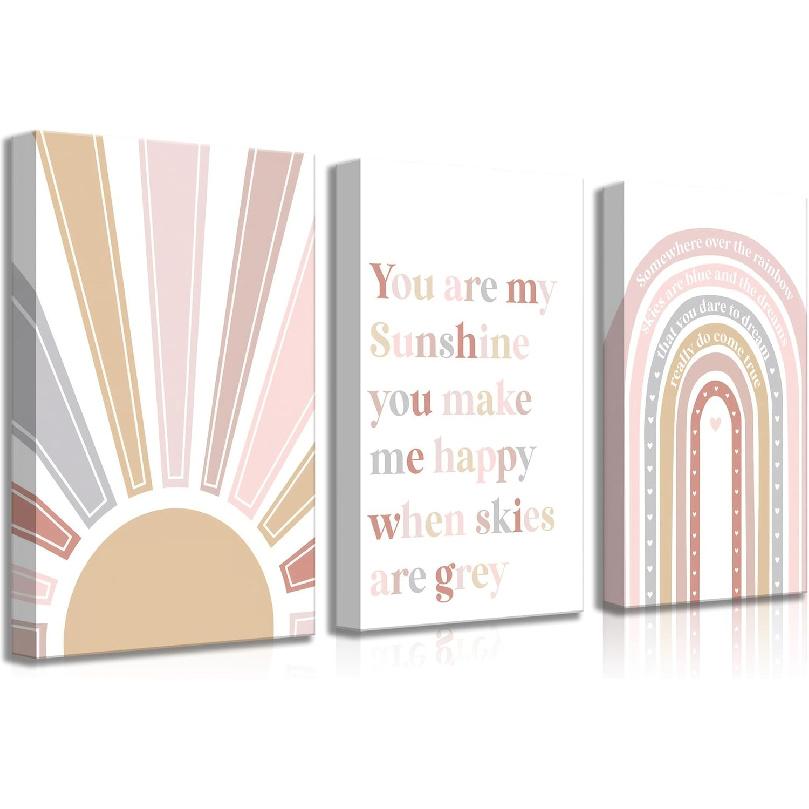 3 Pcs Boho Nursery Canvas Wall Art Pink Sweet Rainbow You Are My Sunshine Painting Pictures Wall Decor Poster Print Artwork For Kids Room Girls