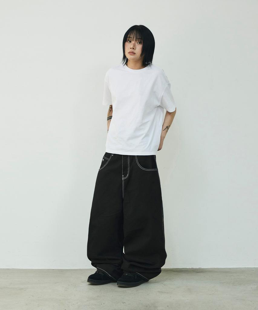SCALLYWAG Stitch Wide Sagging Cotton Pants [Black]