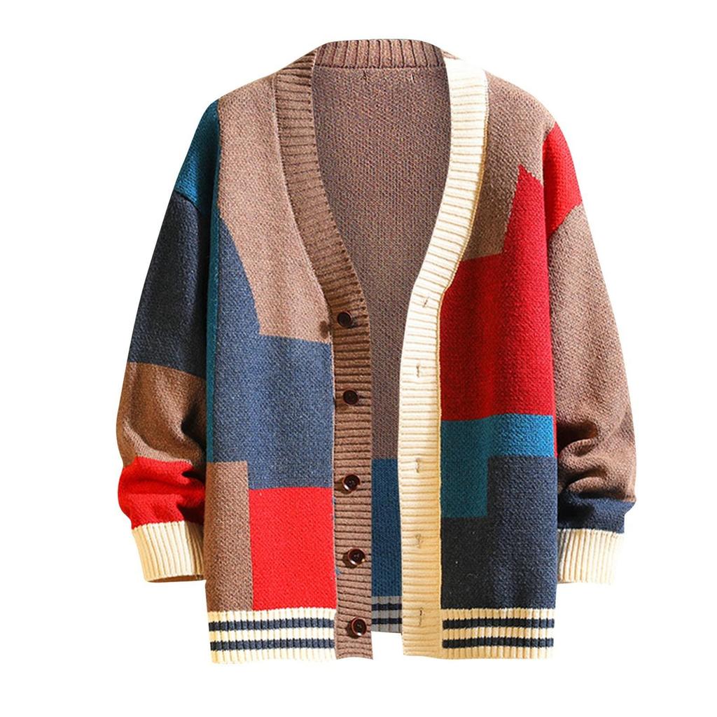 Neuer Herren Kontrastfarben Pullover Cardigan Splicing V-Ausschnitt Pullover Große Jacke