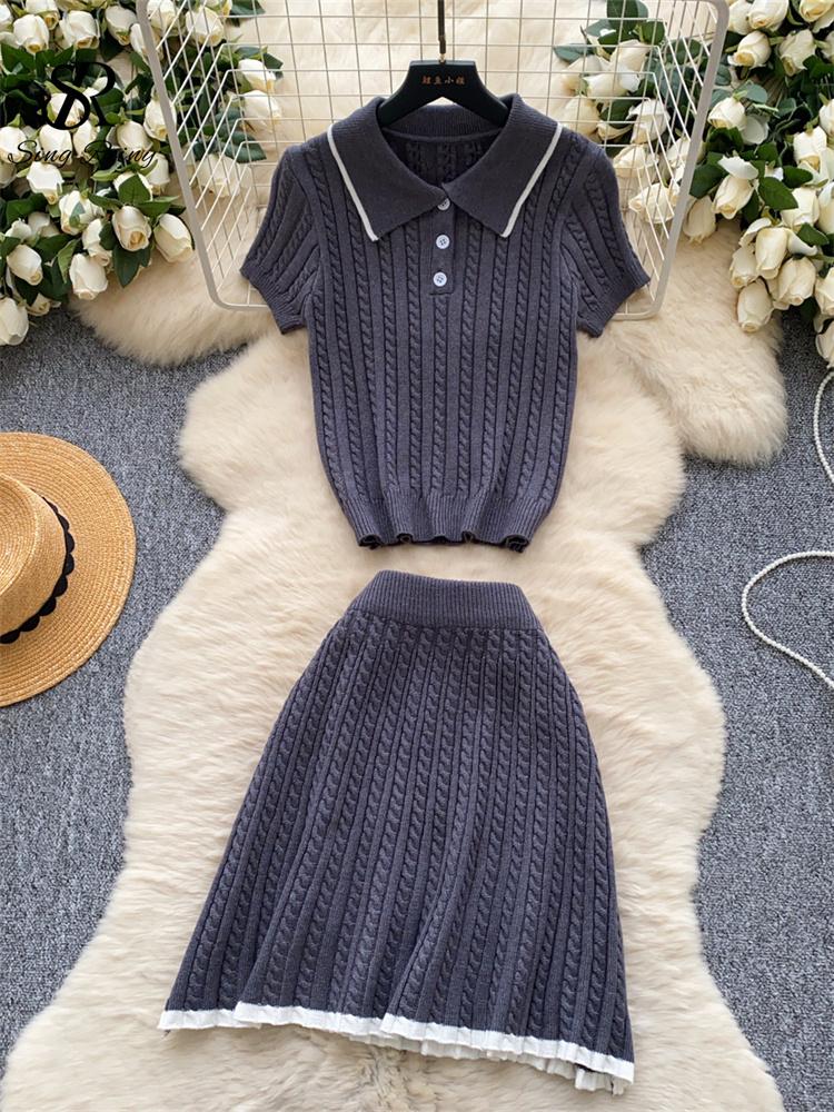 Fashion Knitted 2pc Two Pieces Suits Skinny Short Sleeves Polo Shirt+Short Skirt Drilled Women Simple Style Summer Sets