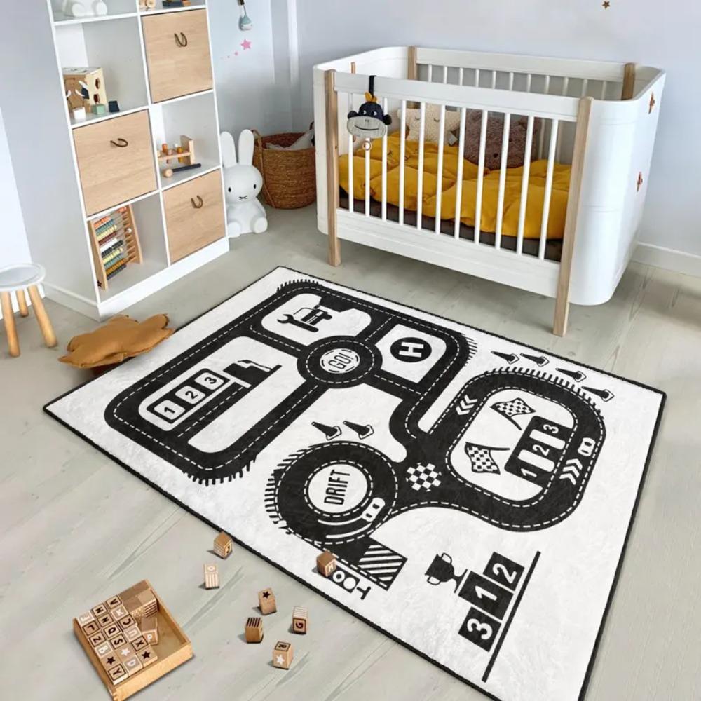 Dziecięcy Dywan Mata Dywanik Tor Wyścigowy - Wzór 3D z Zakrętami z Samochodem Wyścigowym i Szachownicą Dekoracja Domu Mata Podłogowa Dywaniki do Sypialni