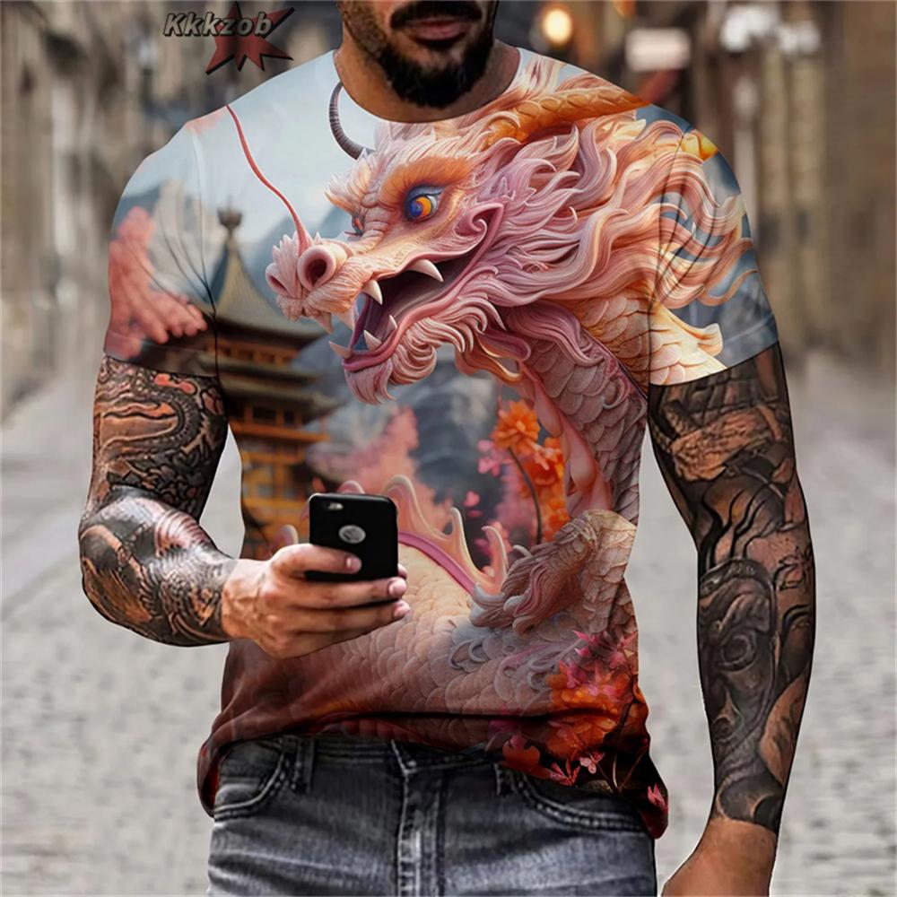 Camiseta Masculina Estampa 3D Dragão e Leão Novidade Camiseta Chinesa Camiseta da Moda Homem Dia a Dia Exterior Rua Camisetas Oversized