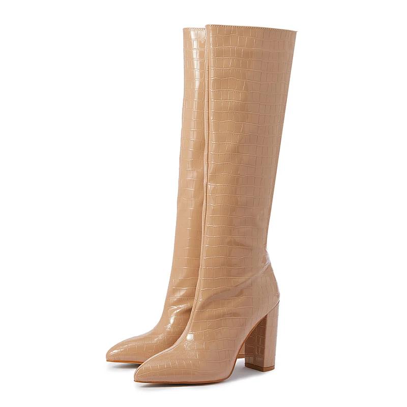 Fashion Eilyken Spring Autumn Pointed Toe Women Long Knee-High Boots Fashion Soft Leather Square High Heels Female Shoes
