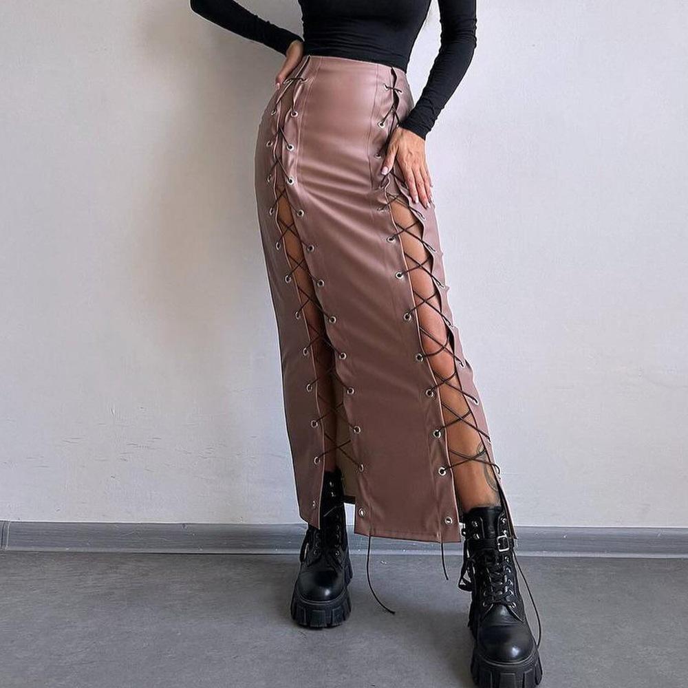 Women's Spring PU Leather Sexy Solid Color Slit Lace-up Hip Skirt Slim Skirt