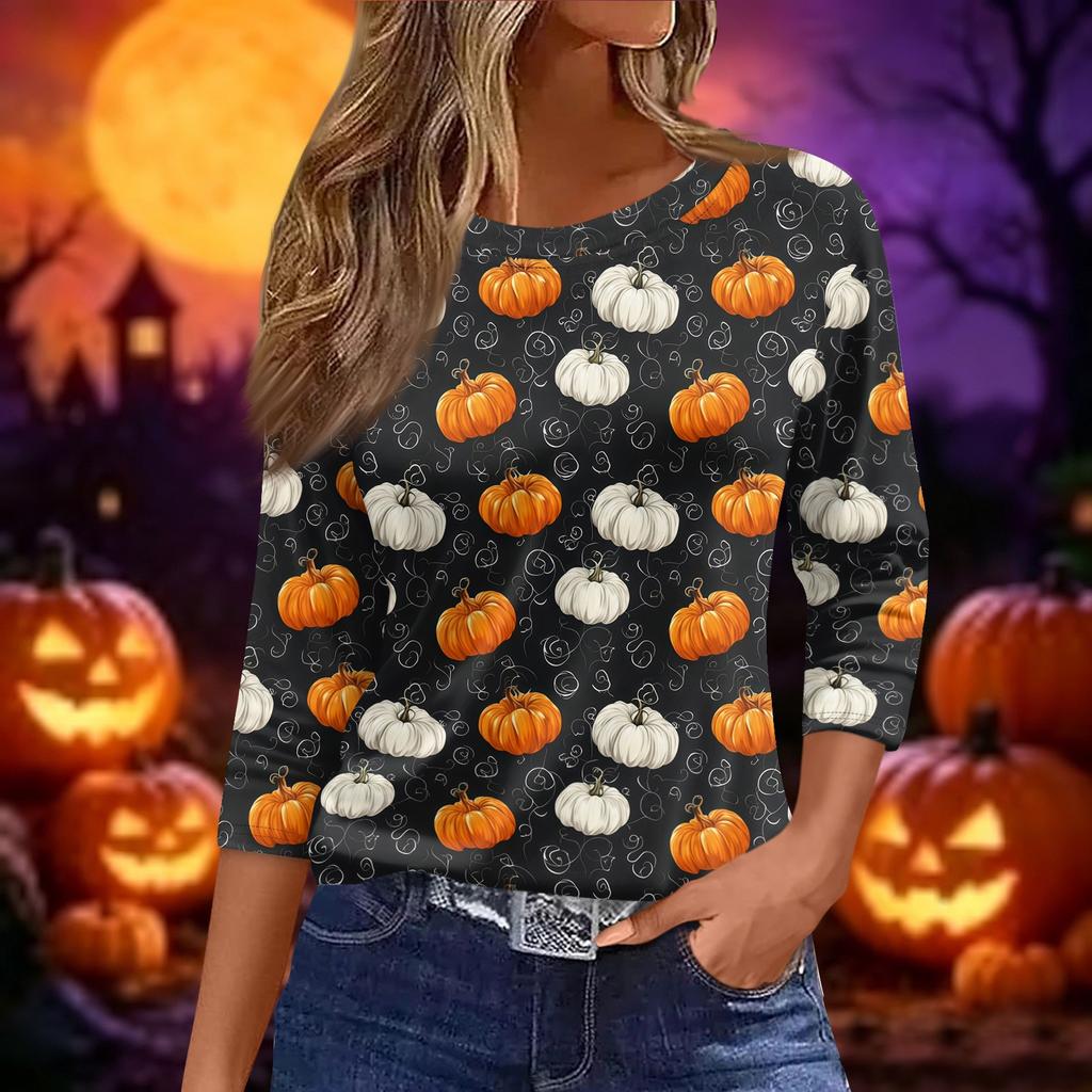 Women 3/4 Sleeve Casual Loose Fit Shirt Round Neck Pullover Halloween Print Top Lightweight Comfortable Blouse