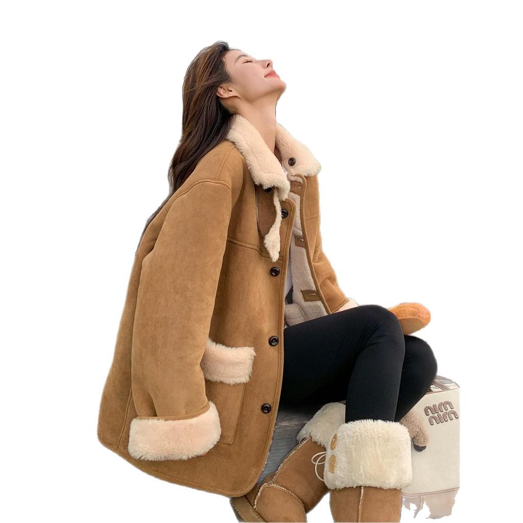Korean Style Double-Sided Suede Jacket - Women's Winter 2026 Thick Lambswool and Leather Top