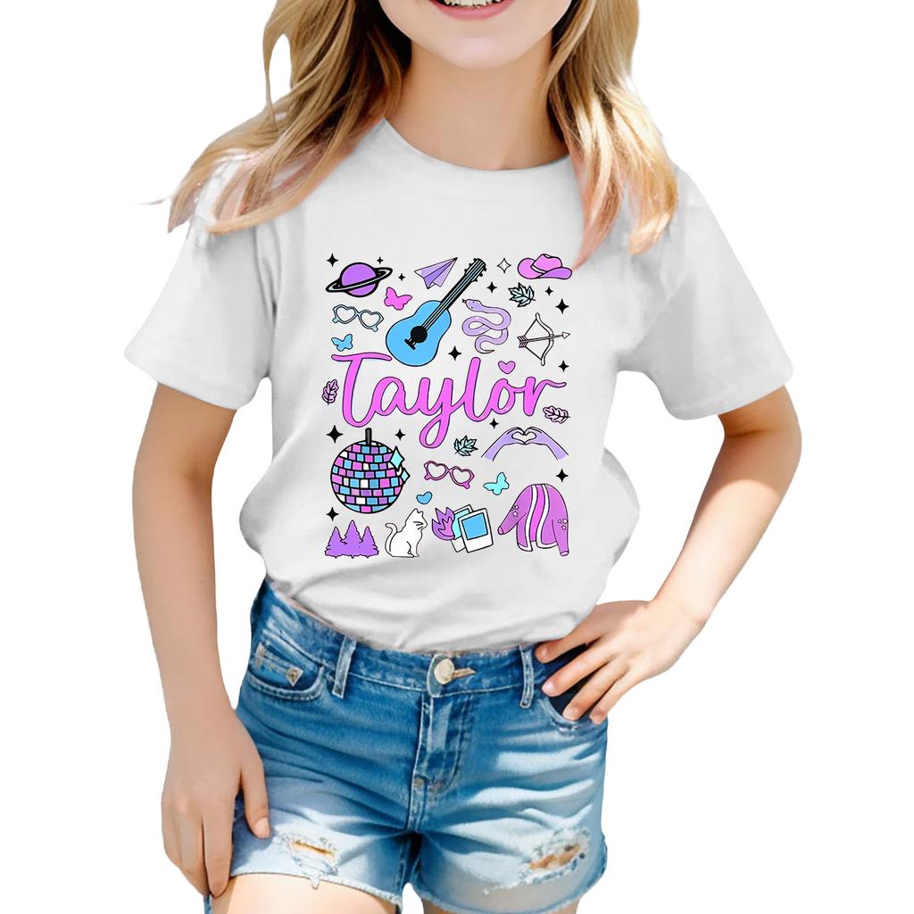 Summer Round Neck 3D Guitar Printed Top Fashionable Casual Short Sleeved Children's Girl T-shirts