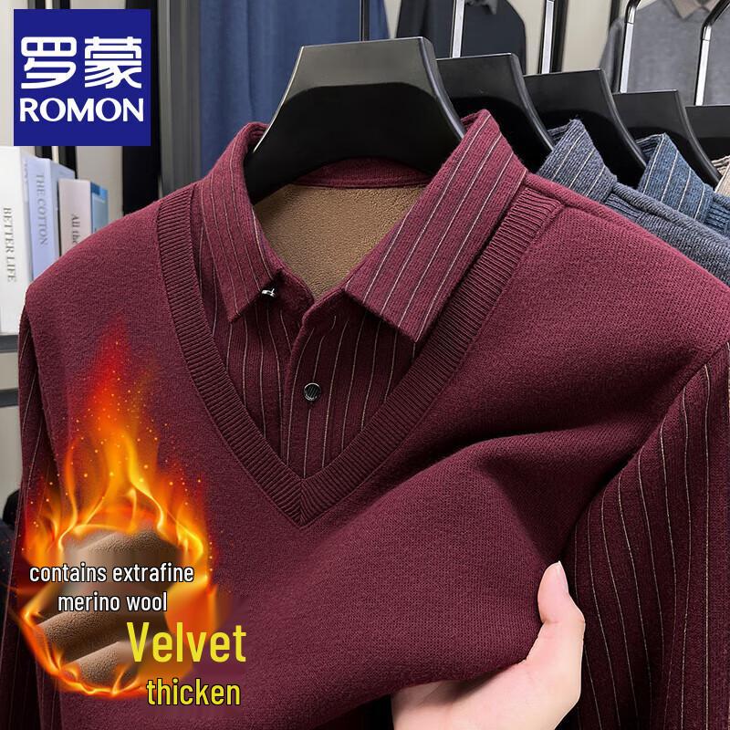 ROMON Men's Fleece-Lined Faux 2-Piece Shirt Collar Sweater