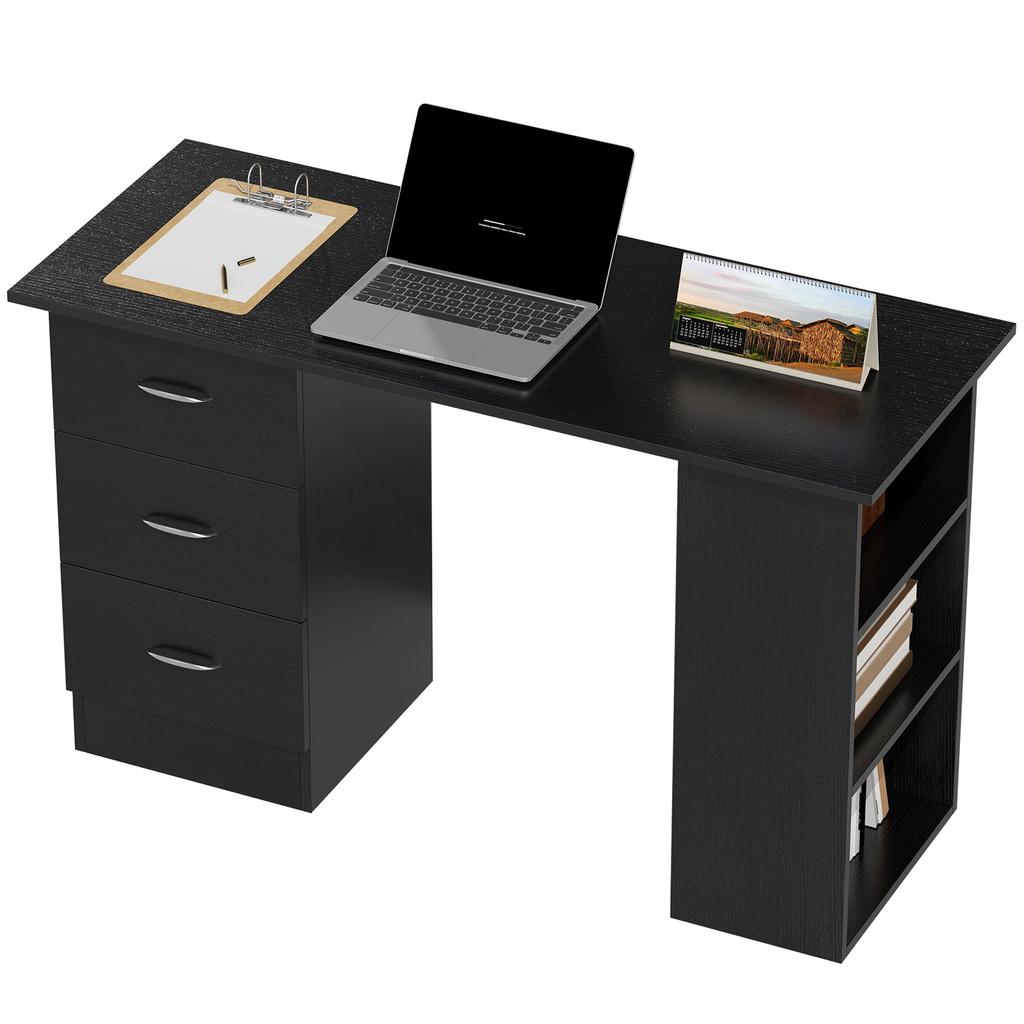 Computer Desk, Writing Table, PC Workstation with 3 Storage Shelves and Drawers, Silver Handle, for Home Office, Black