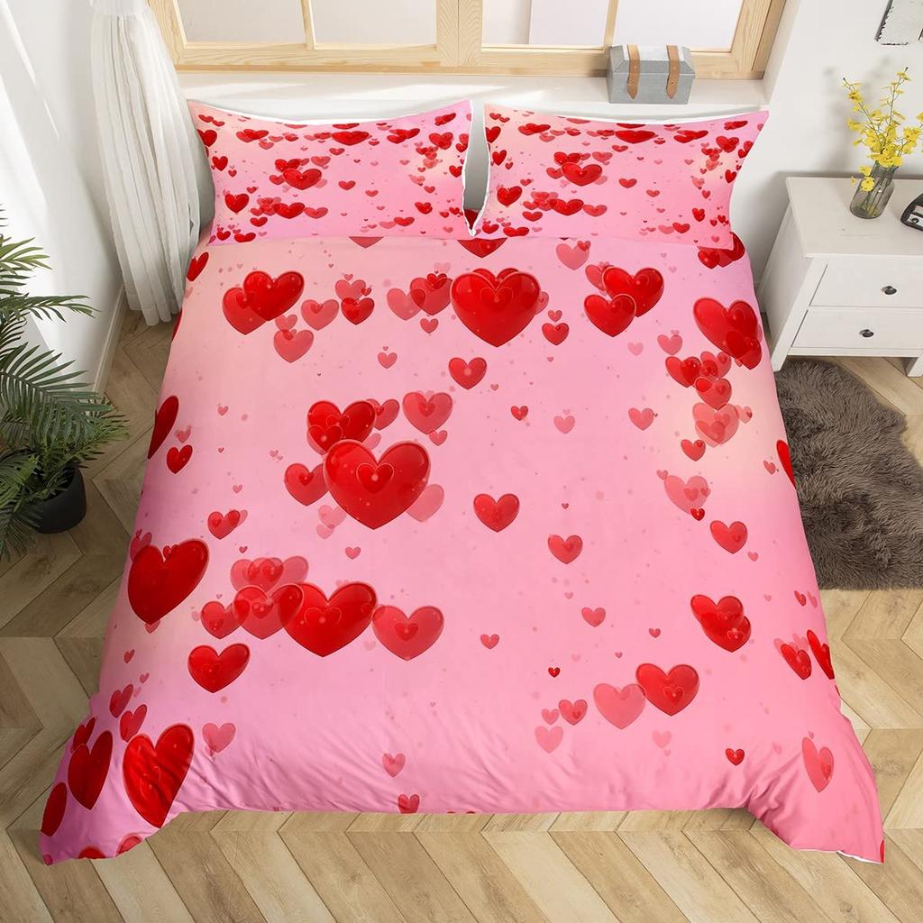 Red Love Heart Duvet Cover For Couples,Bow Romantic Bedding Set Valentines Day Loving Hearts Quilt Cover Wedding Comforter Cover