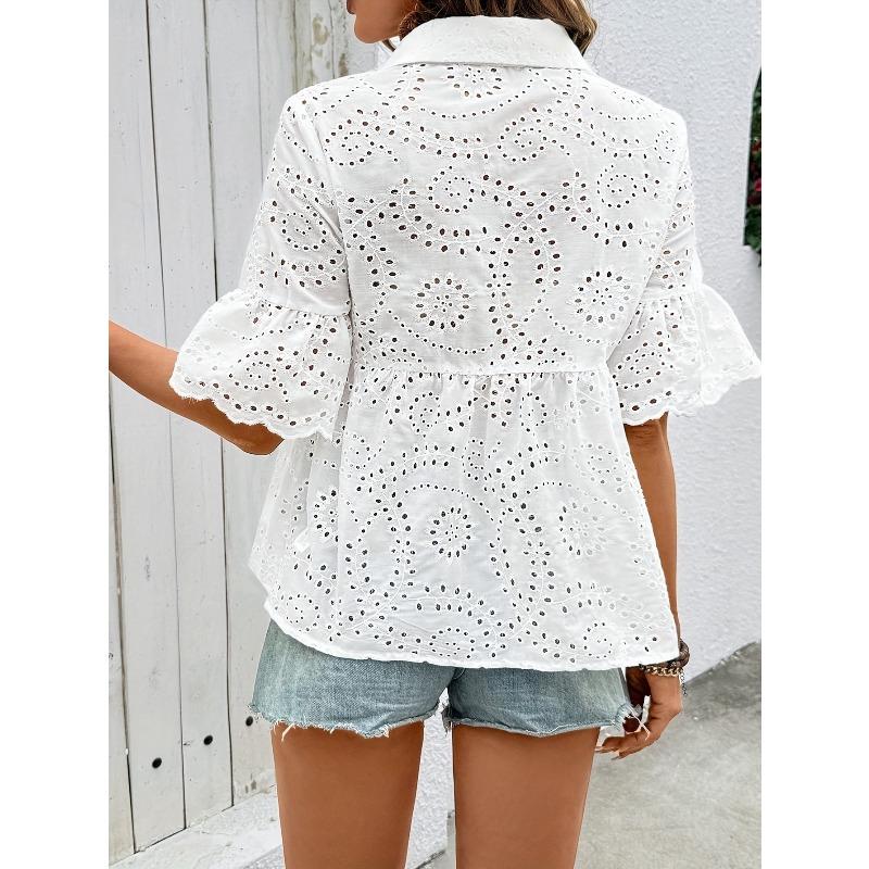 White Lace Women's Blouse Summer New Lapel Hollow-out Embroidery Loose Women's Short Sleeve Women's Shirt Fashion Vintage Casual Office Ladies Tops