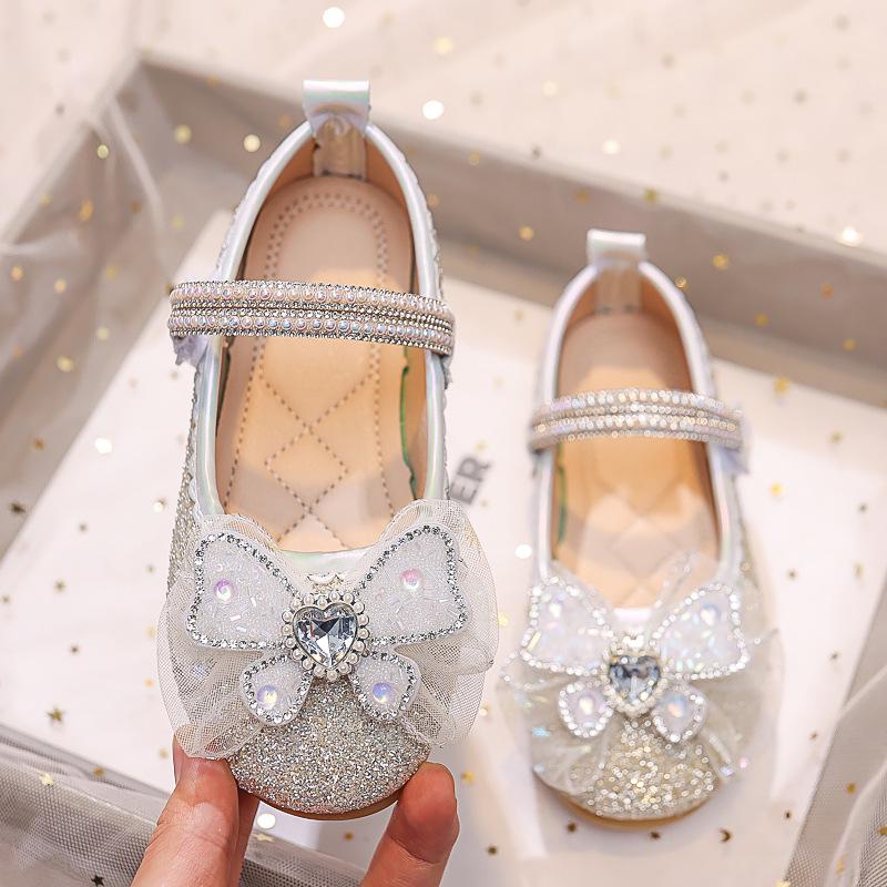 Dívčí princeznovské boty s křišťálovou mašlí - Léto 2025 Měkká podrážka Balerínky s kamínky