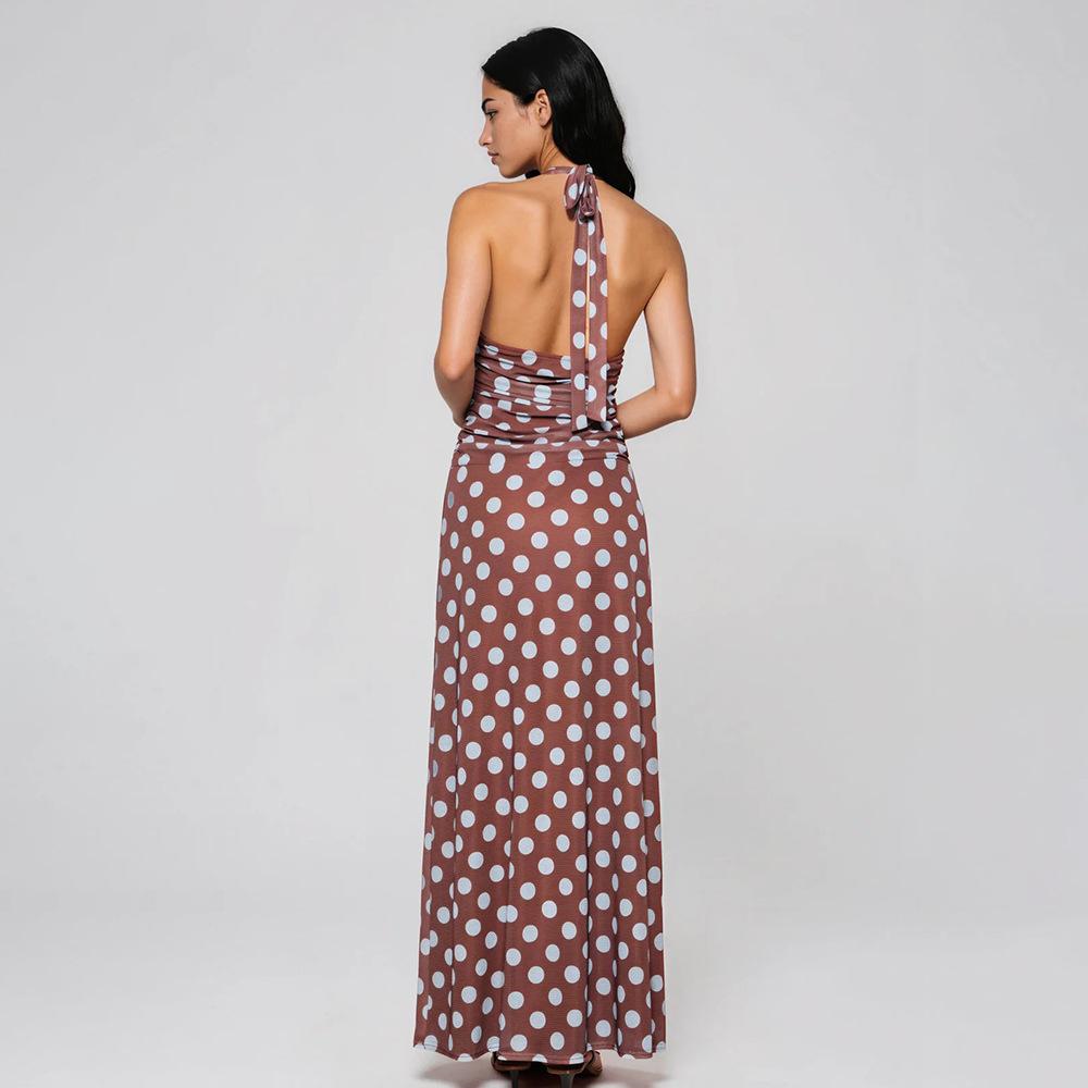 French retro elegant temperament polka dot neck V-neck dress sexy hottie backless strap waist long dress women