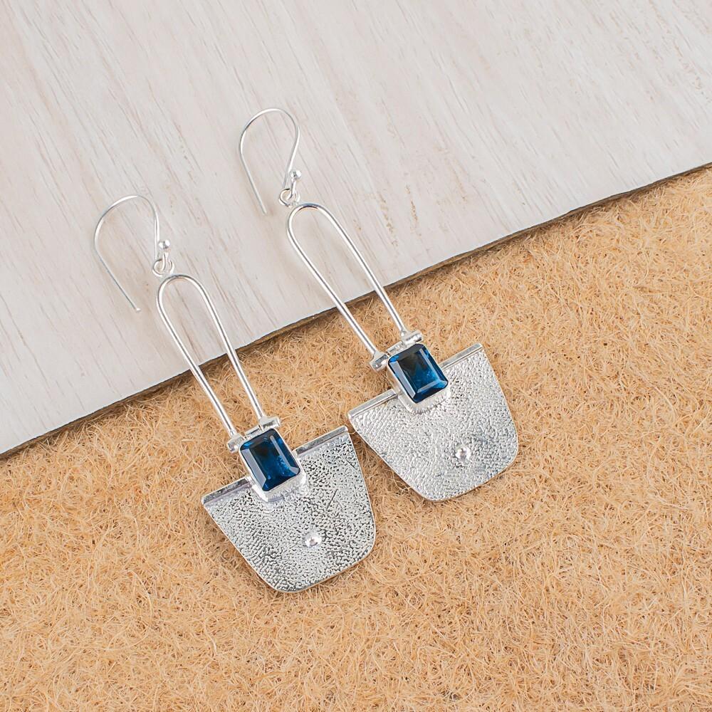 London Blue Topaz Gemstone 925 Sterling Silver Handcrafted Jewelry Earrings 2.2" EE-68-1