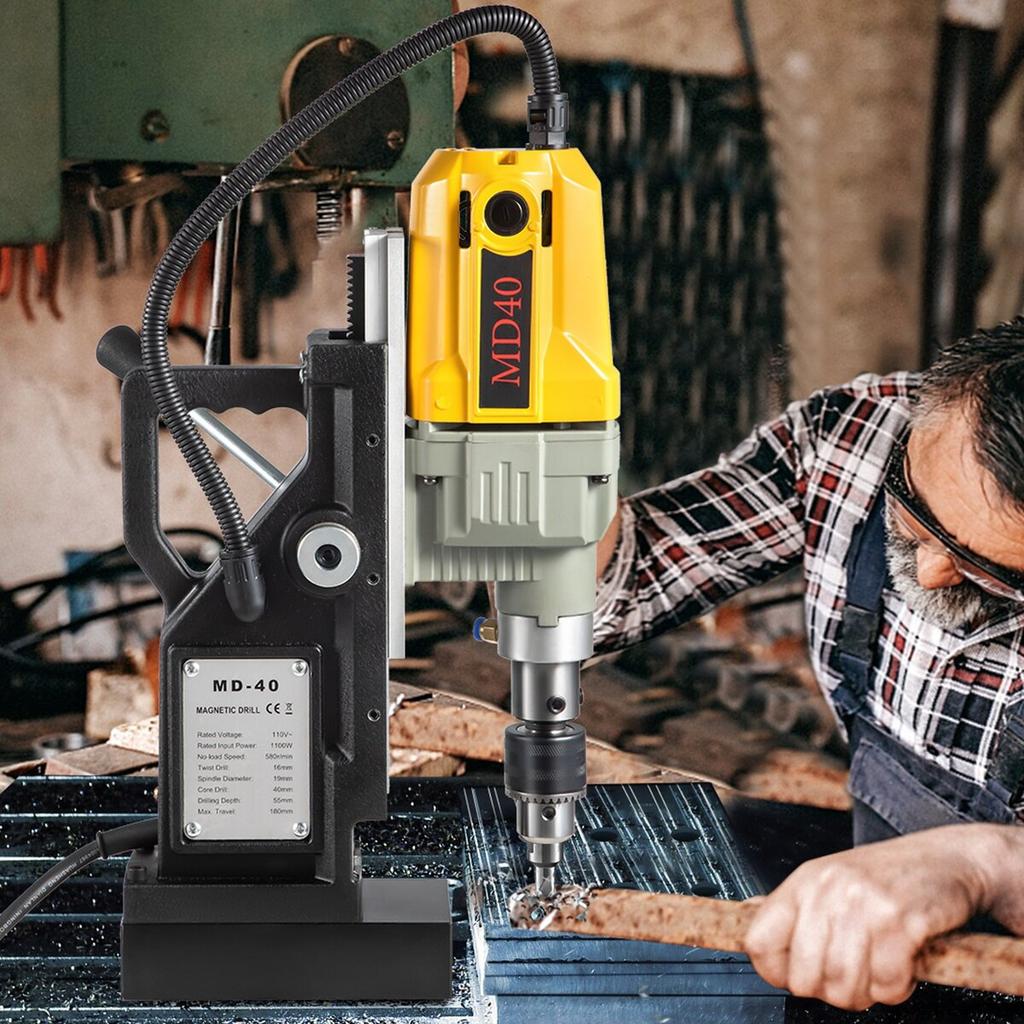 Magnetic Drill, 1100W 1.57" Boring Diameter, 2697lbf/12000N Portable Electric Mag Drill Press with 12 Bits, 580 RPM Max Speed Drilling Machine for Any