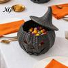 Functional Witch Theme Ornament Halloween Pumpkin Candy Jar, 3D Printed Woven Storage Container with Hat Lid, Ghost Face Desktop Ornament, Festive