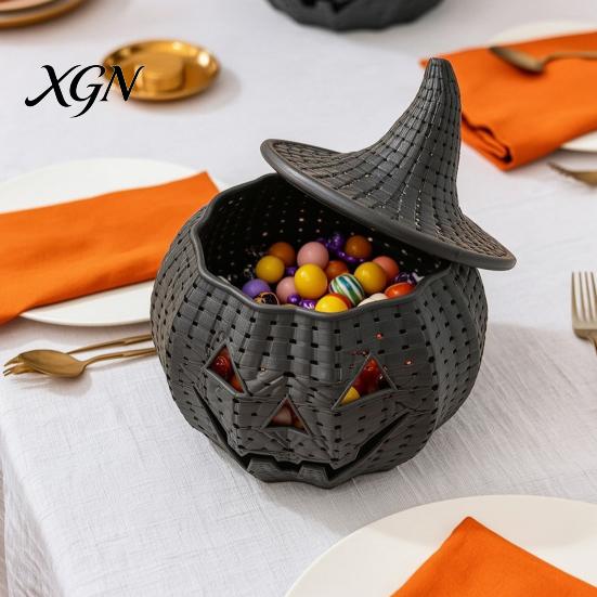 Functional Witch Theme Ornament Halloween Pumpkin Candy Jar, 3D Printed Woven Storage Container with Hat Lid, Ghost Face Desktop Ornament, Festive