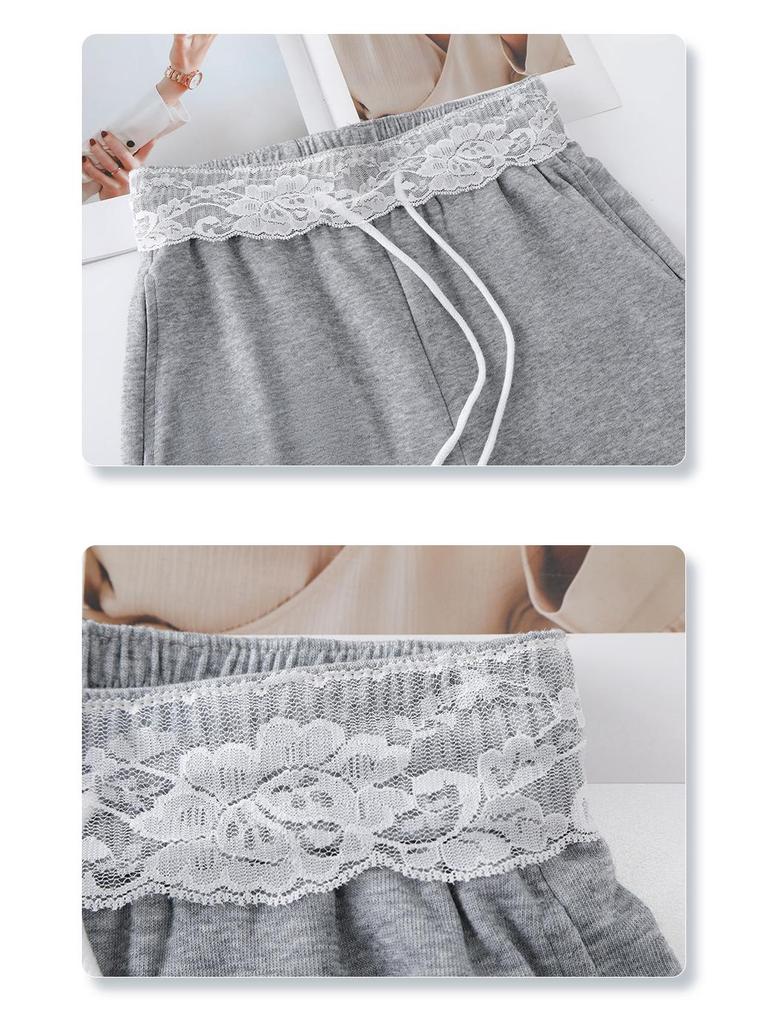 Серые спортивные брюки прямого кроя с высокой посадкой и кружевной отделкой для женщин - Коллекция весна 2025