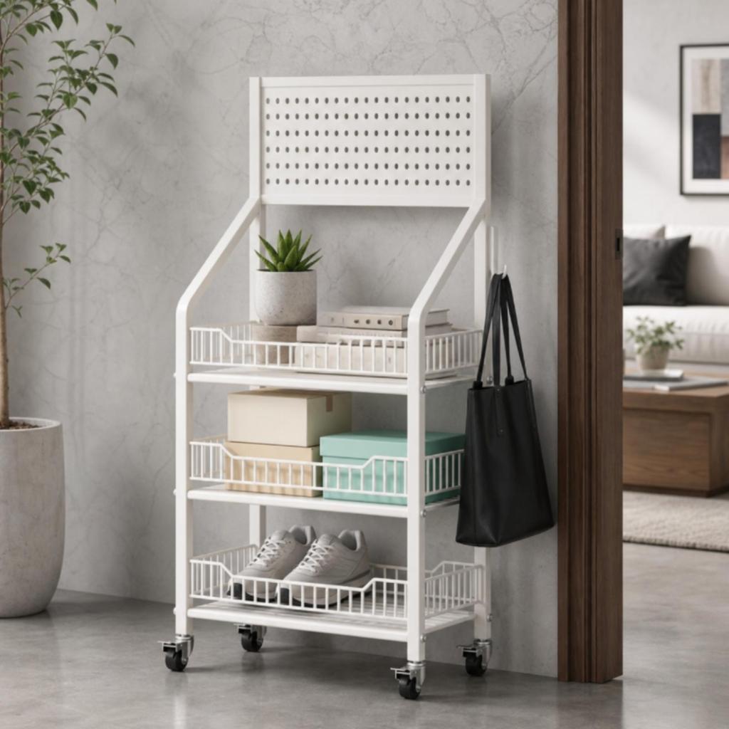 Space-Saving Rolling Cart with Hooks Freestanding Storage Sturdy