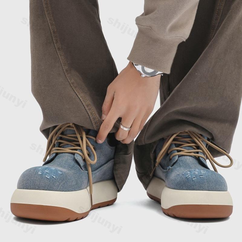 Fashion 2025 Men Niche Design Casual Boots Denim High Top Board Shoes Retro Thick Soled Height Increasing Comfortable Non slip Sneakers