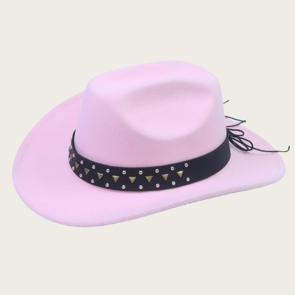 Stylish Leather Rivet Belt Design Felt Cowgirl Hat Women Men Wide Brim Jazz Cap Western Caps for Daily Life & Party