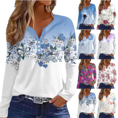Women's Fashion Casual Printed V-neck Long Sleeve Button Up T-shirt Top