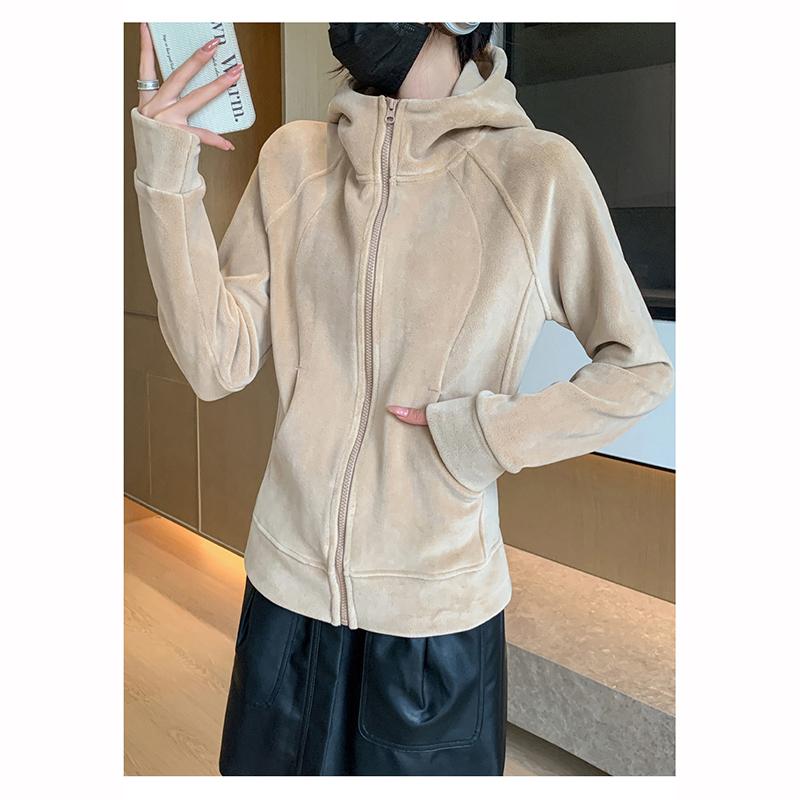 Dámská sportovní bunda na zip s kapucí Podzim Zima Fleecová podšívka Zesílené Mikiny Dámská Jednobarevná Ležérní Volná Mikina Kardigan