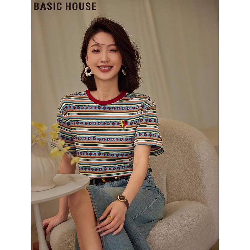 Basic House Women s Embroidered Striped Short-Sleeve T-Shirt S