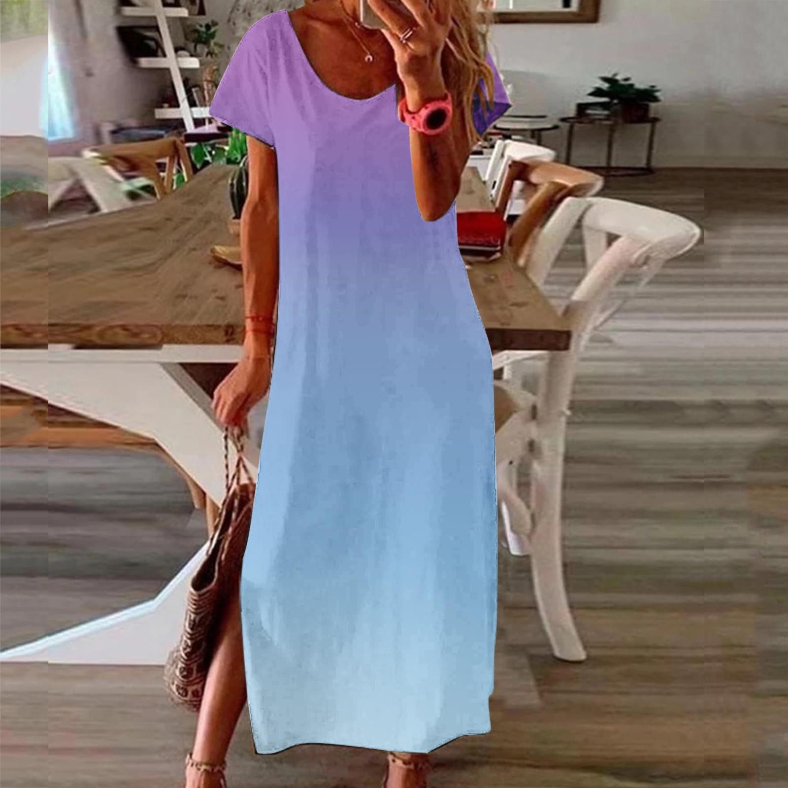 

Women s Round Neck Short Sleeve Print Daily Casual Vintage Bohemian Maxi Dress L фіолетовий