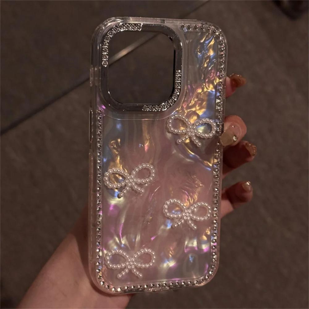 Luxury 3D Pearl Bowknow Glitter Rhinestone Shell Pattern Phone Case For iPhone 17 16 15 13 12 Pro Max 14 Plus Stylish Bling Cover