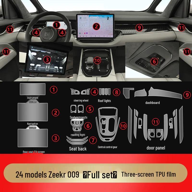 Zeekr 009 Interior & Dashboard Protective Films - 25 Model Compatibility, TPU HD Films for Navigation Screen & Gear Shift Headlight
