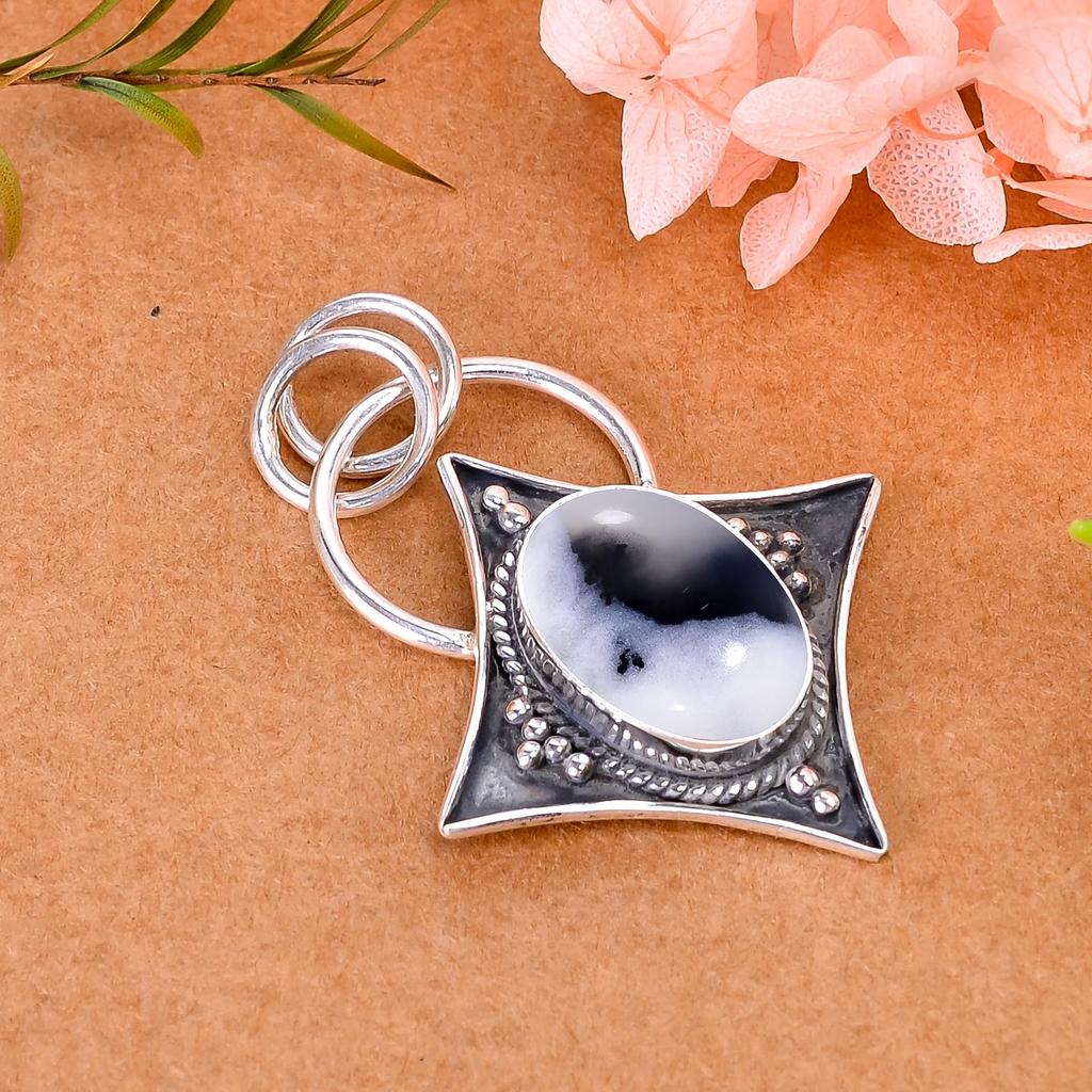 Merlinite Dendritic Opal -Brazil 925 Sterling Silver Pendant V3408, Black & White Pendant, Oval Pendant, Valentin's Day Gift, Gift For Her, Birthday G