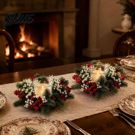 Reusable Christmas Home Decor Candle Ring Wreath Artificial Pine Wreath with Red Berries Rings White Flowers Holiday Table Centerpiece for