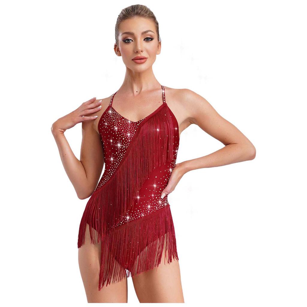Womens Latin Dance Leotard Halter Neck Backless Design Rhinestone and Tassel Embellishments for Competitions and Shows