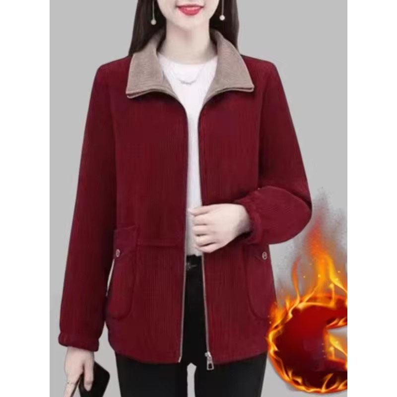 Damen Cordjacke Kurz Herbst Winter Neu Plüsch Verdicken Warme Mäntel Mittelalterliche Mutter Lässig Reißverschluss Oberbekleidung Wild Tops 5XL