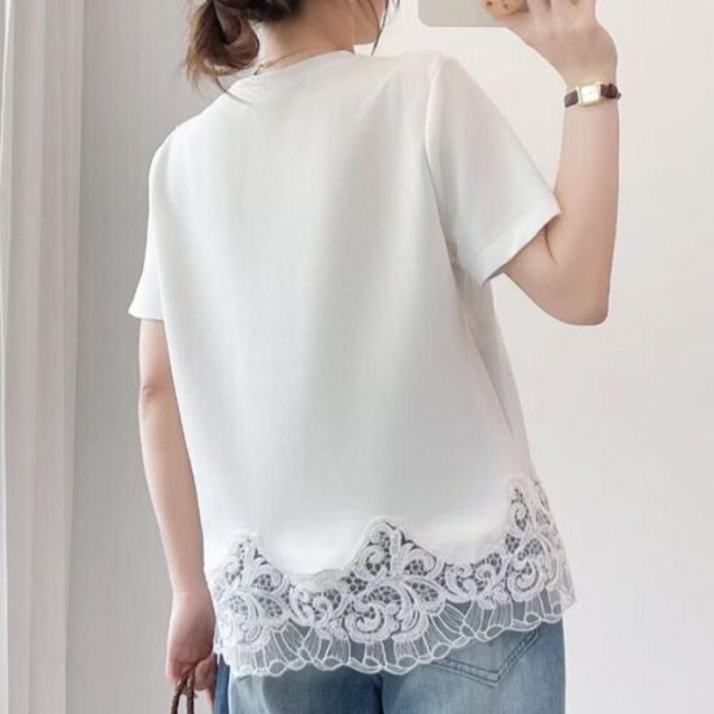 Navava Women Loose FiT Lace Hem Round Neck ShorT Sleeve T shirT nT3388