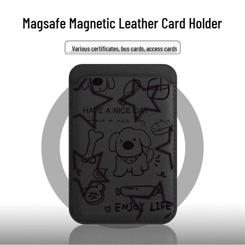 Puppy Line Art MAGsafe Leather Card Holder Case for Apple Phones