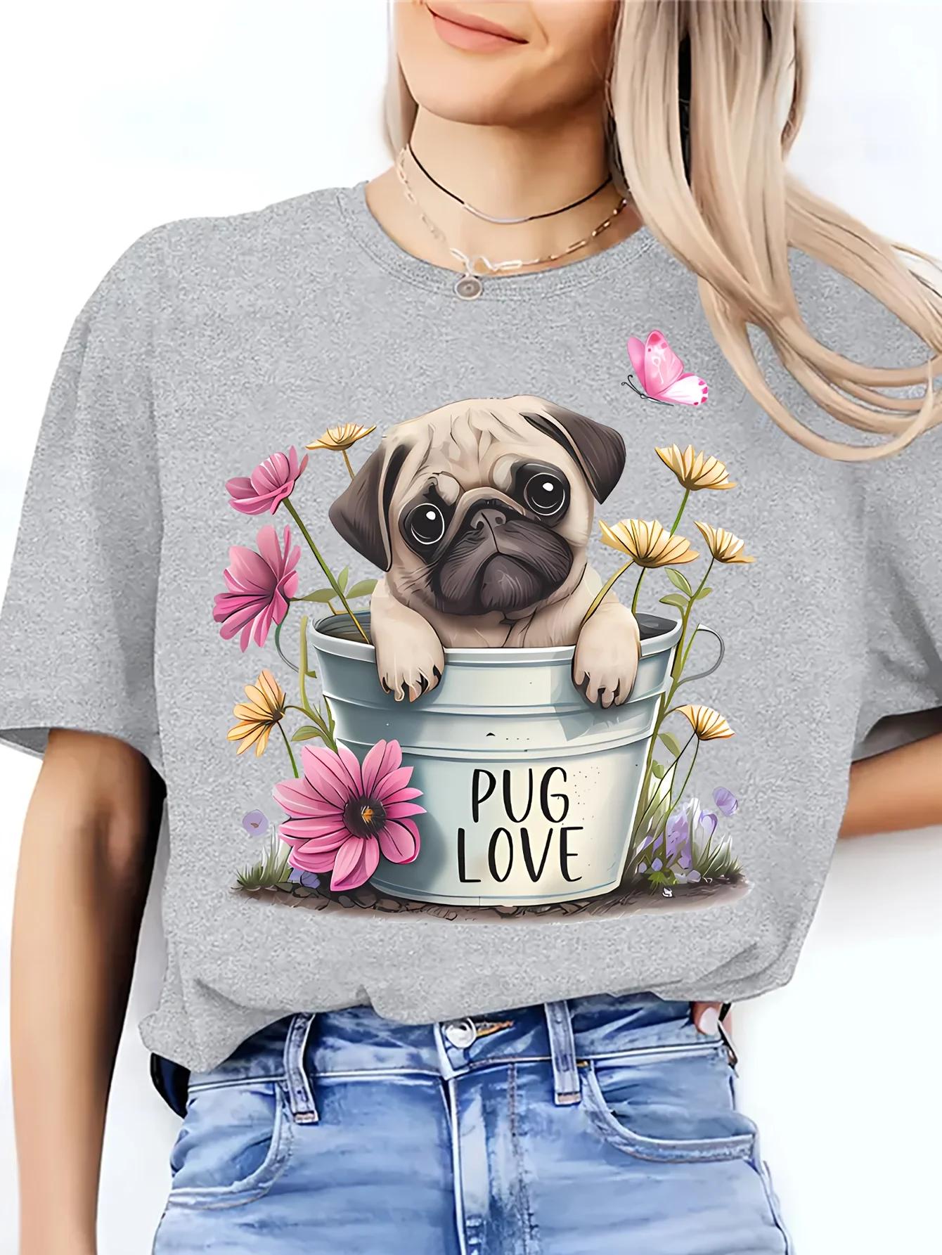 

Pug and Floral Fun Print TShirt A Shirt for Pug Enthusiasts Womens Harajuku Sleeve Tshirt Clothing Street Aesthetic Clothes S