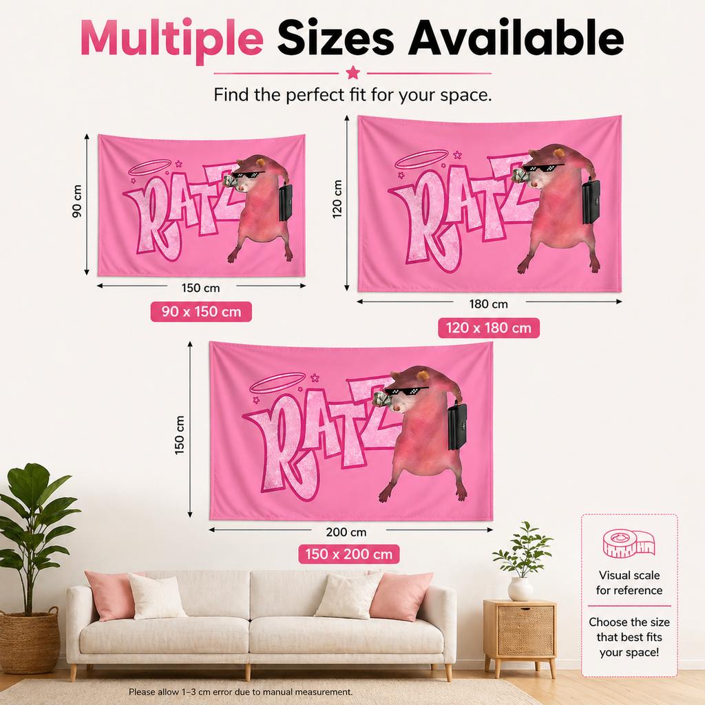Funny Meme Pink Rat Tapestry Flat Print Ratz Wall Hanging with Pixel Sunglasses for Dorm Bedroom Aesthetic Room Decor