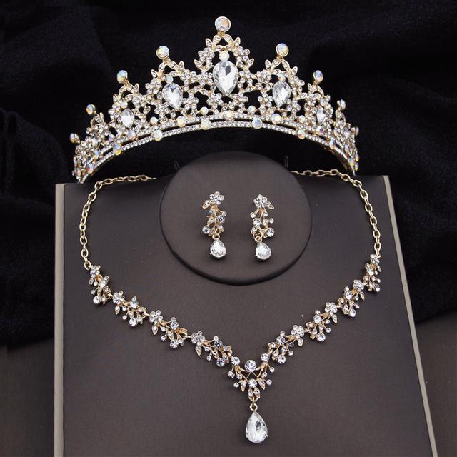 Barock Silberfarben Brautschmuck-Sets Krone Ohrringe Halsband Halskette Set für Frauen Hochzeitskleid Tiaras Brautschmuck-Set