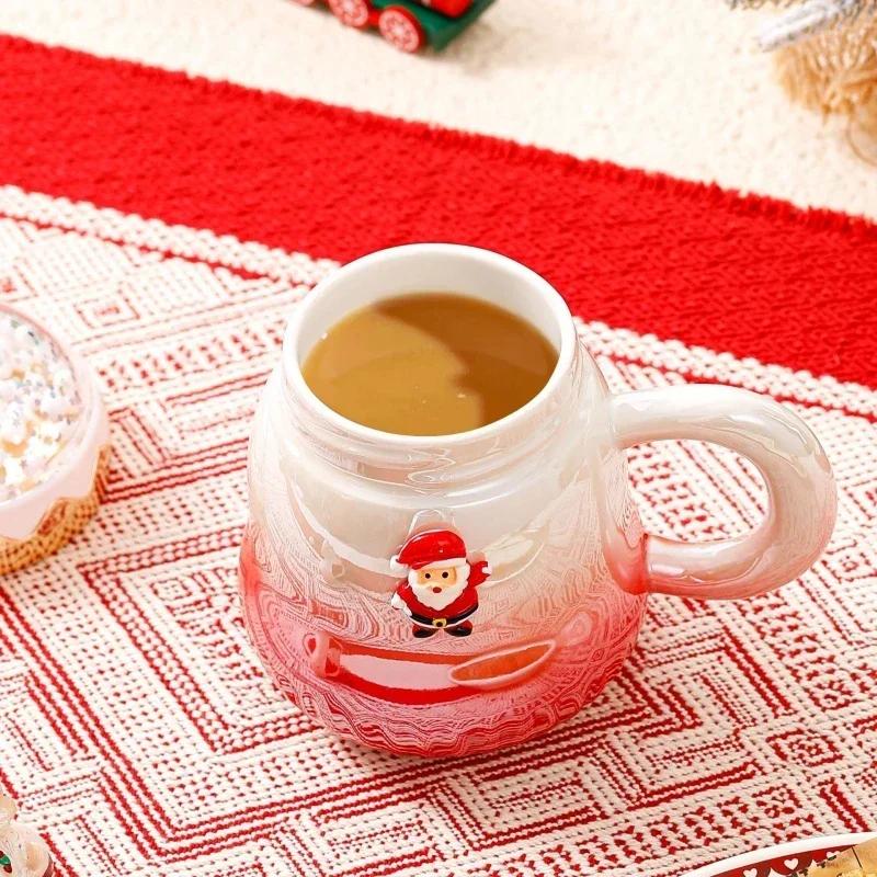 500ml Christmas Mug with Lid Santa Claus Christmas Trees Pattern Ceramic Coffee Cup Home Office Decor New Year Xmas Gift Box