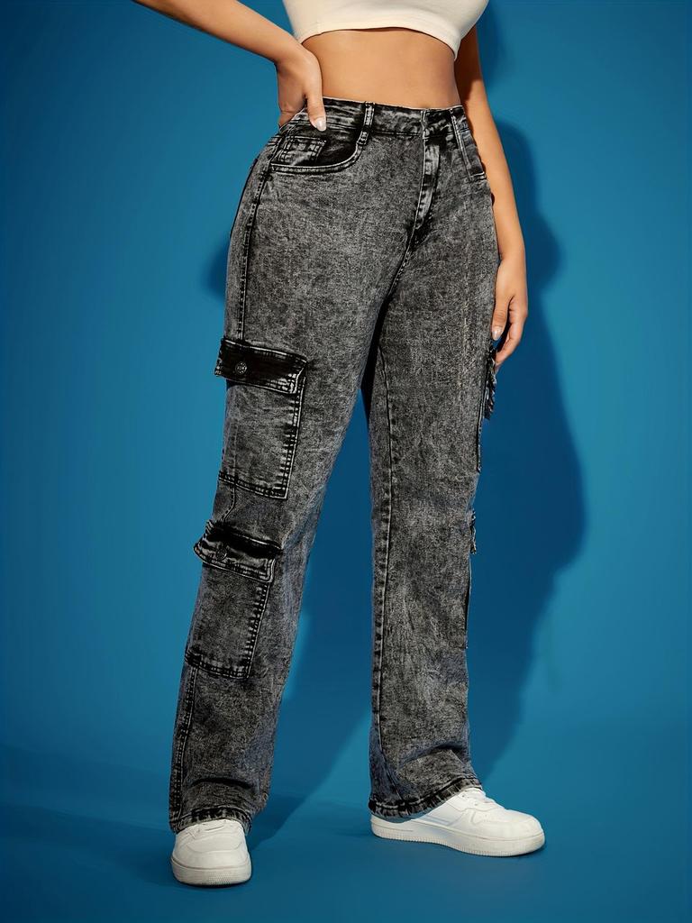 European & American Fashion Multi-Pocket High Elastic Denim Chain Work Pants