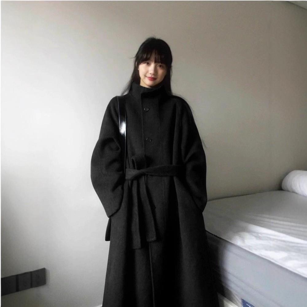 Mittellanger grauer Wollmantel für Damen - Herbst/Winter 2025, Petite Koreanischer Stil, Hochwertige Oberbekleidung. M schwarz