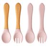 Color Kids 4PCS Silicone Baby Feeding Spoon Fork Set BPA Free Wood Handle Training Utensils For Infants Newborn Accessories