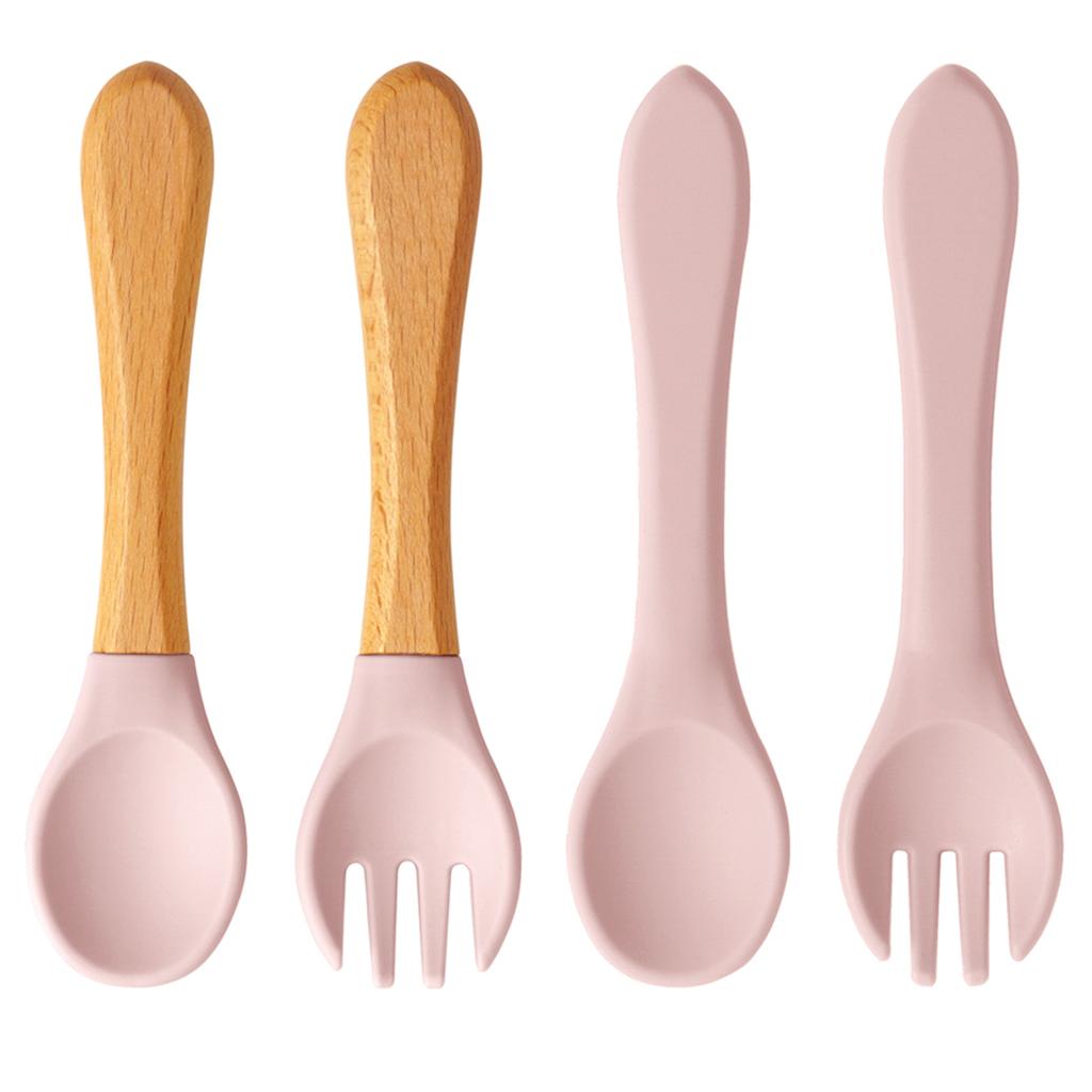 Color Kids 4PCS Silicone Baby Feeding Spoon Fork Set BPA Free Wood Handle Training Utensils For Infants Newborn Accessories
